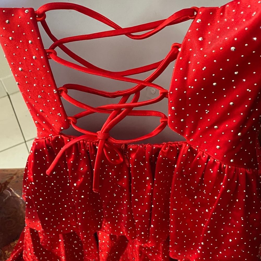 Red Strapless Ruffled Dress - Picture 7 of 9